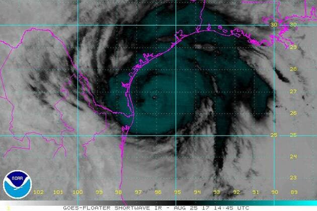 August 25, 2017 - Texas, U.S. - Satellite and Radar above storm formation. Tropical Storm Harvey is expected to strengthen into aÊhurricaneÊbefore bringing a extremely dangerous combination of rainfall and storm-surge flooding to areas near the Texas and LouisianaÊcoasts. The storm became a Category 2 hurricane early Friday, with winds of 110 mph. It is forecast to strengthen to a Category 3 storm before landfall overnight. U.S. - ZUMAz03_ 20170825_shw_z03_521 Copyright: xNOAAx