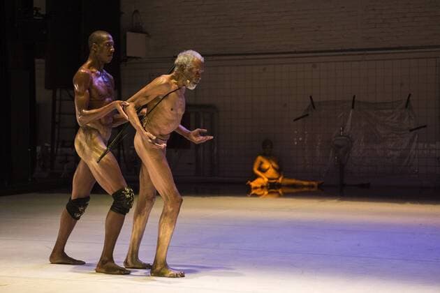 EMBARGO SPERRFRIST Three Stages by Richard Siegal, Ruhrtriennale, PACT Zollverein, Essen, Germany SPERRFRIST EMBARGO bis to 7:00pm, 25 August 2017 Essen, Germany, 23 August 2017. L-R: Corey Scott-Gilbert and Gus Solomons Jr in El Dorado. Sandra Balkmann as Golden Girl. American choreographer Richard Siegal presents Three Stages: Model , In Medias Res and as a world premiere El Dorado at PACT Zollverein for the Ruhrtriennale cultural festival 2017. For editorial use only in connection with Ruhrtriennale reporting