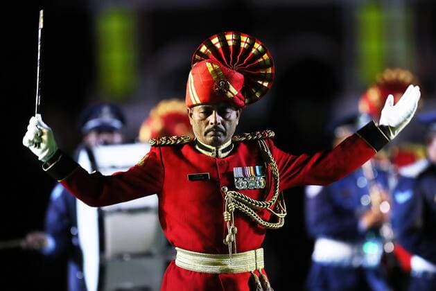 MOSCOW, RUSSIA - AUGUST 26, 2017: A member of the Indian Tri-Services Band performs at the opening ceremony of the 2017 Spasskaya Tower international military music festival in Moscow s Red Square. Sergei Savostyanov TASS  TS05D0D7