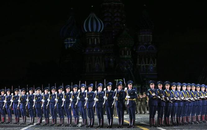 MOSCOW, RUSSIA - AUGUST 26, 2017: Members of the Honour Guard of the Belarus Armed Forces perform at the opening ceremony of the 2017 Spasskaya Tower international military music festival in Moscow s Red Square. Sergei Savostyanov TASS  TS05D0DA