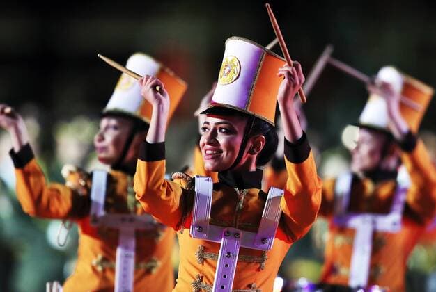 MOSCOW, RUSSIA - AUGUST 26, 2017: Members of the Yerevan Drums band perform at the opening ceremony of the 2017 Spasskaya Tower international military music festival in Moscow s Red Square. Sergei Savostyanov TASS  TS05D0DC