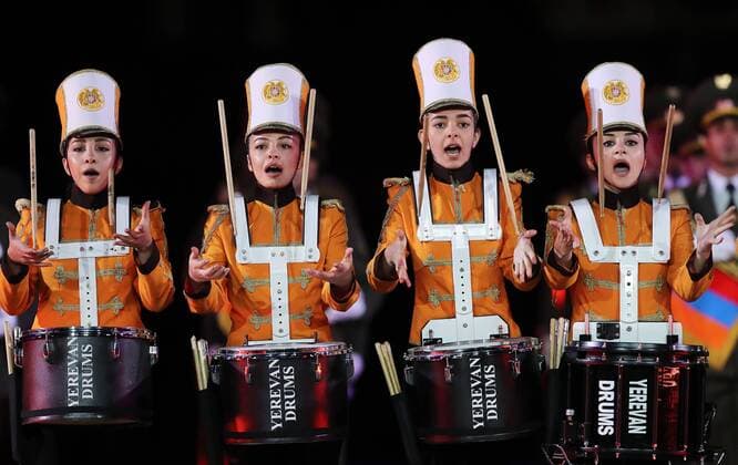 MOSCOW, RUSSIA - AUGUST 26, 2017: Members of the Yerevan Drums band perform at the opening ceremony of the 2017 Spasskaya Tower international military music festival in Moscow s Red Square. Sergei Savostyanov TASS  TS05D0E8