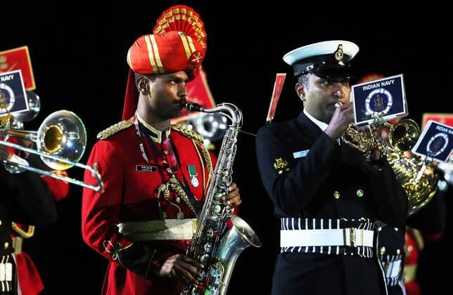 MOSCOW, RUSSIA - AUGUST 26, 2017: Members of the Indian Tri-Services Band perform at the opening ceremony of the 2017 Spasskaya Tower international military music festival in Moscow s Red Square. Sergei Savostyanov TASS  TS05D0D8