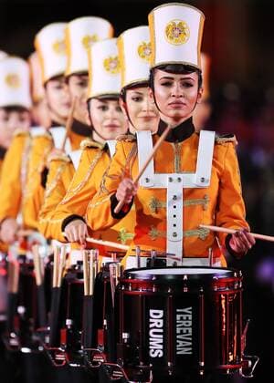 MOSCOW, RUSSIA - AUGUST 26, 2017: Members of the Yerevan Drums band perform at the opening ceremony of the 2017 Spasskaya Tower international military music festival in Moscow s Red Square. Sergei Savostyanov TASS  TS05D0E9