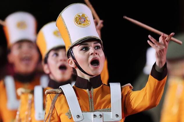 MOSCOW, RUSSIA - AUGUST 26, 2017: Members of the Yerevan Drums band perform at the opening ceremony of the 2017 Spasskaya Tower international military music festival in Moscow s Red Square. Sergei Savostyanov TASS  TS05D0EA