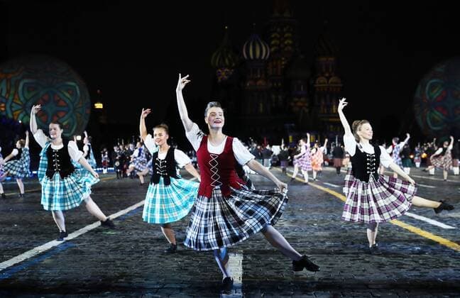MOSCOW, RUSSIA - AUGUST 26, 2017: Members of the International Scottish Highland Dance Team perform at the opening ceremony of the 2017 Spasskaya Tower international military music festival in Moscow s Red Square. Sergei Savostyanov TASS  TS05D0FF