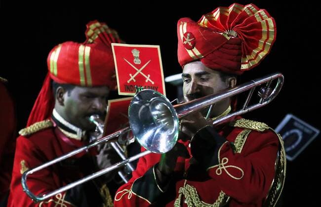 MOSCOW, RUSSIA - AUGUST 26, 2017: Members of the Indian Tri-Services Band perform at the opening ceremony of the 2017 Spasskaya Tower international military music festival in Moscow s Red Square. Sergei Savostyanov TASS  TS05D100