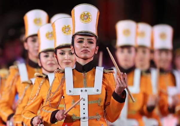 MOSCOW, RUSSIA - AUGUST 26, 2017: Members of the Yerevan Drums band perform at the opening ceremony of the 2017 Spasskaya Tower international military music festival in Moscow s Red Square. Sergei Savostyanov TASS  TS05D101
