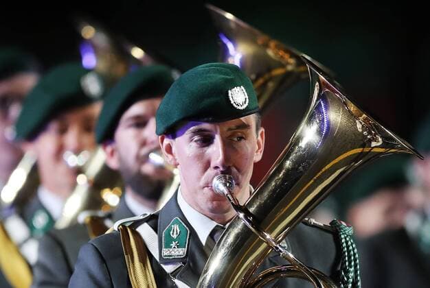 MOSCOW, RUSSIA - AUGUST 26, 2017: Members of the Military Band of Lower Austria perform at the opening ceremony of the 2017 Spasskaya Tower international military music festival in Moscow s Red Square. Sergei Savostyanov TASS  TS05D105