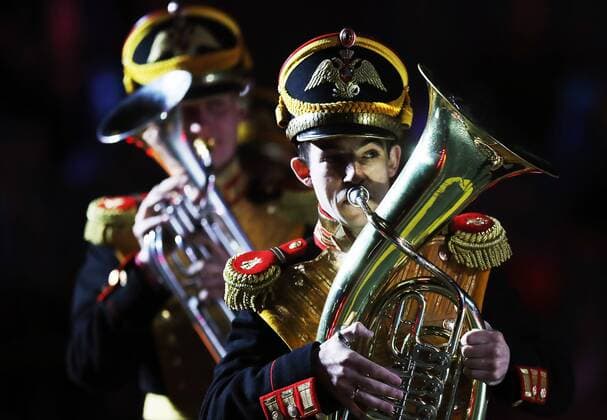MOSCOW, RUSSIA - AUGUST 26, 2017: Members of the Russian Defence Ministry s Central Military Band perform at the opening ceremony of the 2017 Spasskaya Tower international military music festival in Moscow s Red Square. Sergei Savostyanov TASS  TS05D108