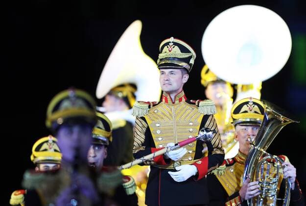 MOSCOW, RUSSIA - AUGUST 26, 2017: Members of the Russian Defence Ministry s Central Military Band perform at the opening ceremony of the 2017 Spasskaya Tower international military music festival in Moscow s Red Square. Sergei Savostyanov TASS  TS05D109