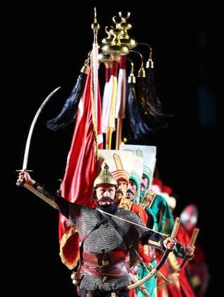 MOSCOW, RUSSIA - AUGUST 26, 2017: Members of the Turkish Armed Forces Mehteran Unit perform at the opening ceremony of the 2017 Spasskaya Tower international military music festival in Moscow s Red Square. Sergei Savostyanov TASS  TS05D10A