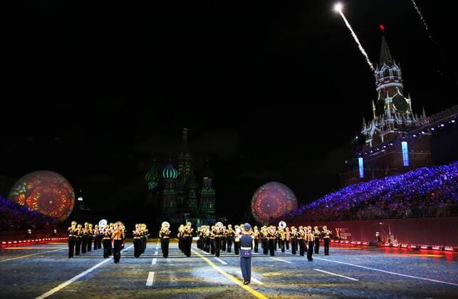 MOSCOW, RUSSIA - AUGUST 26, 2017: Members of the Russian Defence Ministry s Central Military Band perform at the opening ceremony of the 2017 Spasskaya Tower international military music festival in Moscow s Red Square. Sergei Savostyanov TASS  TS05D10B
