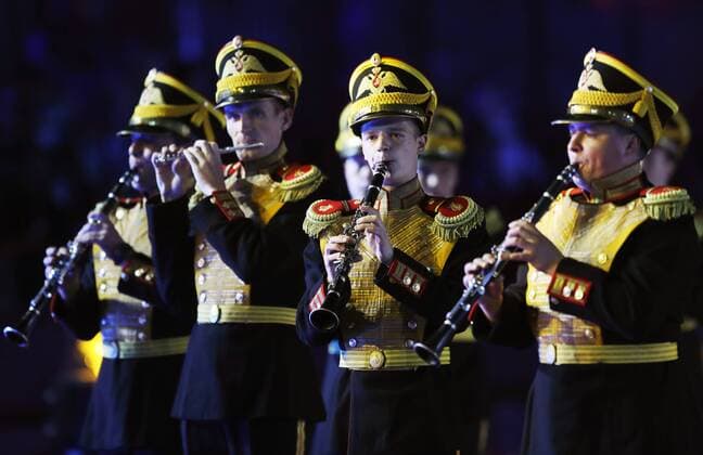 MOSCOW, RUSSIA - AUGUST 26, 2017: Members of the Russian Defence Ministry s Central Military Band perform at the opening ceremony of the 2017 Spasskaya Tower international military music festival in Moscow s Red Square. Sergei Savostyanov TASS  TS05D10E