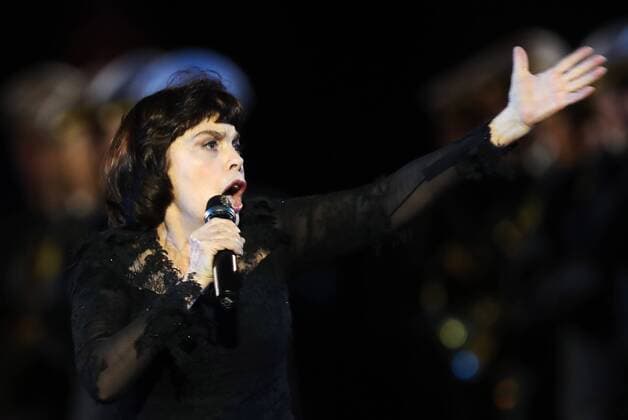 MOSCOW, RUSSIA - AUGUST 26, 2017: French singer Mireille Mathieu performs at the opening ceremony of the 2017 Spasskaya Tower international military music festival in Moscow s Red Square. Sergei Savostyanov TASS  TS05D11B