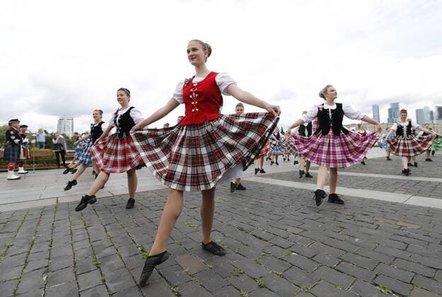 MOSCOW, RUSSIA - AUGUST 27, 2017: Members of the International Scottish Highland Dance Team perform at a parade as part of the 2017 Spasskaya Tower international military music festival on Moscow s Poklonnaya Hill. Artyom Geodakyan TASS  TS05D1C2