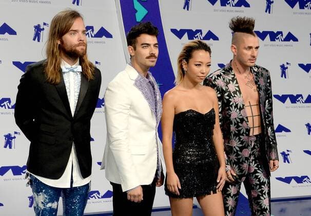 (L-R) Jack Lawless, Joe Jonas, JinJoo Lee and Cole Whittle of DNCE arrive for the 34th annual MTV Video Music Awards at The Forum in Inglewood, California on August 27, 2017.  LAP201708270201 JIMxRUYMEN