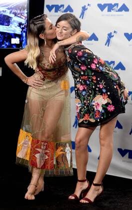 (L-R) Paris Jackson and Caroline D Amore appear backstage during the 34th annual MTV Video Music Awards at The Forum in Inglewood, California on August 27, 2017.  LAP201708270450 JIMxRUYMEN