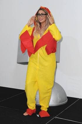 Chloe Ferry dresses in a chicken costume at the launch of the new Geordie Shore TV series at MTV Camden in London to celebrate a world record for eating chicken nuggets. AUGUST 29th 2017  TSTx171948