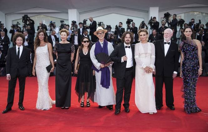 (170830) -- VENICE, Aug. 30, 2017 -- Jury members of the 74th edition of the Venice Film Festival competition Michel Franco, Anna Mouglalis, Annette Bening, Ildiko Enyedi, Yonfan, Edgar Wright, Jasmine Trinca, David Stratton and Rebecca Hall (from L to R) pose on the red carpet of the premiere of the film Downsizing which opens the 74th edition of the Venice Film Festival in Venice, Italy, on Aug. 30, 2017. The 74th edition of the Venice Film Festival lasts from Aug. 30 to Sept. 9. ) ITALY-VENICE-FILM FESTIVAL-OPENING CEREMONY-RED CARPET JinxYu