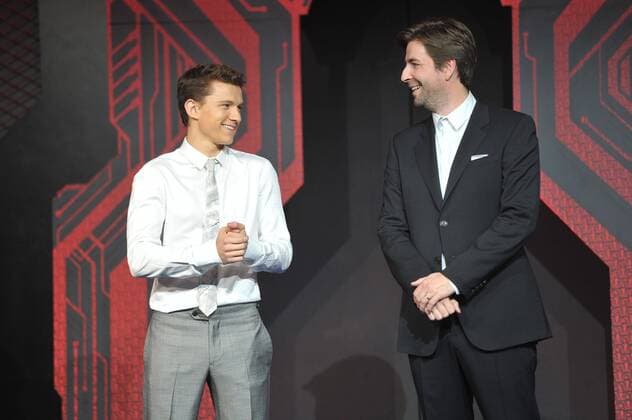 English actor Tom Holland, left, and American film director Jon Watts attend a premiere event for their new movie Spider-Man: Homecoming in Beijing, China, 4 September 2017. Tom Holland, Jon Watts team up to premiere movie Spider-Man: Homecoming in Beijing  20170904_62687