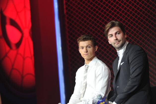 English actor Tom Holland, left, and American film director Jon Watts attend a premiere event for their new movie Spider-Man: Homecoming in Beijing, China, 4 September 2017. Tom Holland, Jon Watts team up to premiere movie Spider-Man: Homecoming in Beijing  20170904_83493