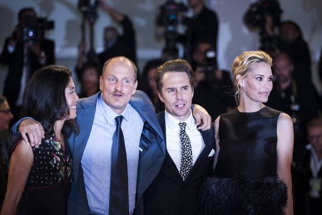 (170905) -- VENICE, Sept. 5, 2017 -- Actor Woody Harrelson(2nd L) and his wife Laura Louie(1st L) pose with Sam Rockwell(2nd R) and his wife Leslie Bibb on the red carpet before the premiere of the movie Three Billboards Outside Ebbing, Missouri at the 74th Venice Film Festival in Venice, Italy, Sept. 4, 2017. )(yy) ITALY-VENICE-FILM FESTIVAL- THREE BILLBOARDS OUTSIDE EBBING, MISSOURI -PREMIERE jinxyu 
