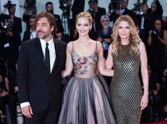 (170906) -- VENICE, Sept. 6, 2017 -- Actor Javier Bardem, actresses Jennifer Lawrence and Michelle Pfeiffer (from L to R) attend the premiere of the movie Mother! at the 74th Venice Film Festival in Venice, Italy, Sept. 5, 2017. )(yk) ITALY-VENICE-FILM FESTIVAL- MOTHER! -PREMIERE JinxYu 