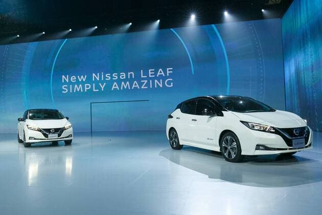 The new Nissan LEAF on display during a World Premiere event at Makuhari Messe Convention Center on September 6, 2017, Chiba, Japan. Hiroto Saikawa, Nissan President and CEO, introduced the new model LEAF which has an extended range of 400km per charge and includes Nissan s ProPILOT autonomous driving technology. The zero emission vehicle will be available in Japan from October 2nd and in the US, Canada and Europe from January 2018.  (gxta_nissanleafworldpremiere041)
