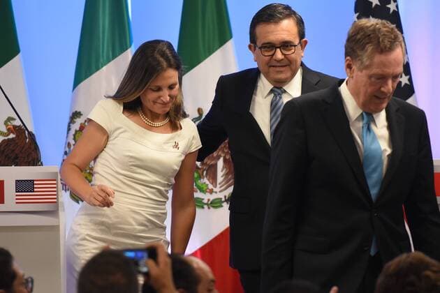 September 5, 2017 - Mexico City, Mexico, Mexico - (L to R) Chrystia Freeland, Minister of Foreign Affairs of Canada, Mexico s Secretary of Economy Ildefonso Guajardo Villarreal, United States Trade Representative Robert Lighthizer are seen leaving the hall at finish the press conference of the Second Round of NAFTA Negotiations on September 05, 2017 in Mexico City, Mexico Mexico City Mexico  - ZUMAn230 20170905_zaa_n230_476 Copyright: xCarlosxTischlerx