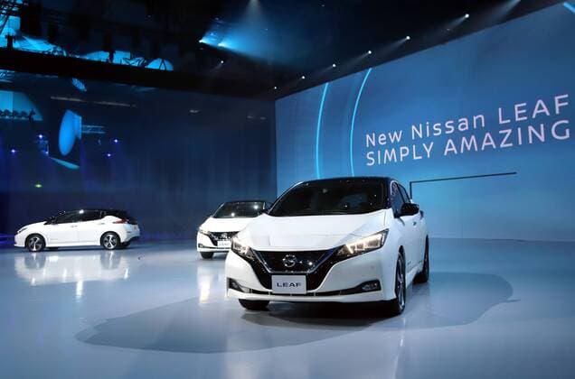 September 6, 2017, Chiba, Japan - Japan s automobile giant Nissan Motor introduces the new electric vehicle Leaf in Chiba, suburban Tokyo on Wednesday, September 6, 2017. The new Leaf, featuring cruising distance of 400km with an eight-hour quick charge, will go on sale in Japan from October 2.  (lwxa013386)