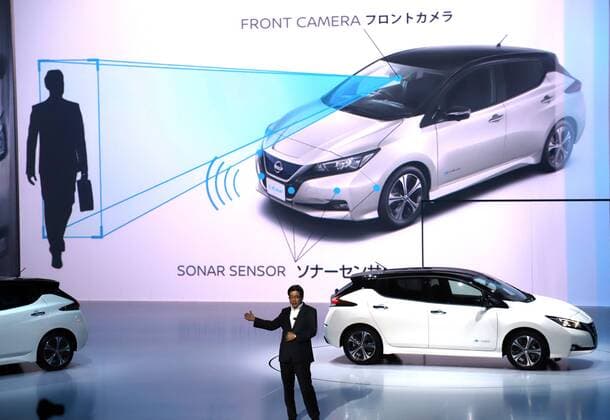 September 6, 2017, Chiba, Japan - Japan s automobile giant Nissan Motor executive vicepresident Hideyuki Sakamoto introduces the new electric vehicle Leaf in Chiba, suburban Tokyo on Wednesday, September 6, 2017. The new Leaf, featuring cruising distance of 400km with an eight-hour quick charge, will go on sale in Japan from October 2.  (lwxa013395)