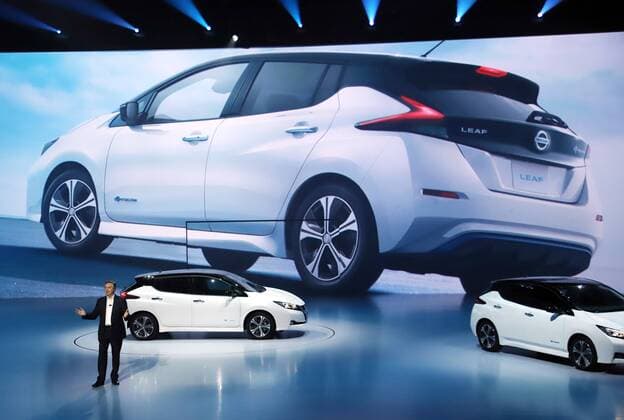 September 6, 2017, Chiba, Japan - Japan s automobile giant Nissan Motor executive vice president Daniele Schillaci introduces the new electric vehicle Leaf in Chiba, suburban Tokyo on Wednesday, September 6, 2017. The new Leaf, featuring cruising distance of 400km with an eight-hour quick charge, will go on sale in Japan from October 2.  (lwxa013396)