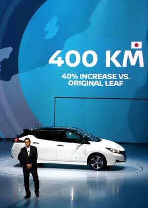 September 6, 2017, Chiba, Japan - Japan s automobile giant Nissan Motor president Hiroto Saikawa introduces the new electric vehicle Leaf in Chiba, suburban Tokyo on Wednesday, September 6, 2017. The new Leaf, featuring cruising distance of 400km with an eight-hour quick charge, will go on sale in Japan from October 2.  (lwxa013398)