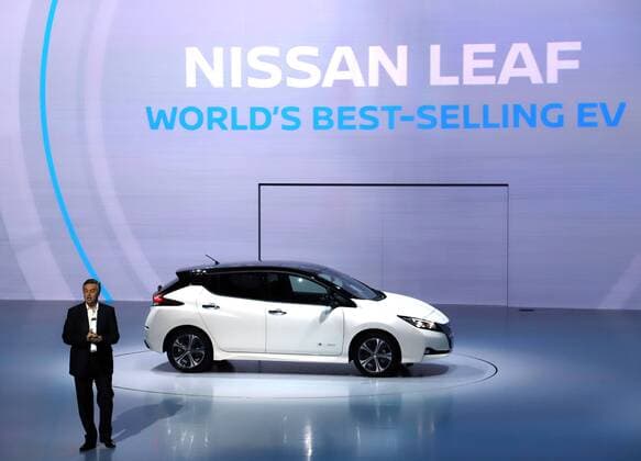 September 6, 2017, Chiba, Japan - Japan s automobile giant Nissan Motor executive vice president Daniele Schillaci introduces the new electric vehicle Leaf in Chiba, suburban Tokyo on Wednesday, September 6, 2017. The new Leaf, featuring cruising distance of 400km with an eight-hour quick charge, will go on sale in Japan from October 2.  (lwxa013400)