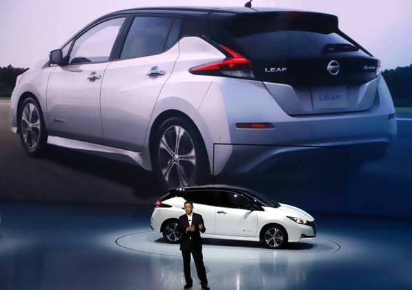 September 6, 2017, Chiba, Japan - Japan s automobile giant Nissan Motor president Hiroto Saikawa introduces the new electric vehicle Leaf in Chiba, suburban Tokyo on Wednesday, September 6, 2017. The new Leaf, featuring cruising distance of 400km with an eight-hour quick charge, will go on sale in Japan from October 2.  (lwxa013401)