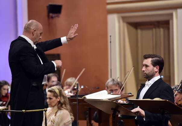 French conductor EMMANUEL VILLAUME (left) and Czech soloist RICHARD SAMEK (right) perform the Oratorio Stabat Mater by Antonin Dvorak, which began the 10th year of the international music festival Dvorak Prague in the Prague Rudolfinum, Czech Republic, on September 7, 2017. (CTKxPhoto RomanxVondrous) CTKPhotoP201709071087601  vnd 4