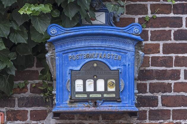 Blue Letterbox historical After education from 1896 Lauenburg Germany Europe Copyright: imageBROKER/HelmutxMeyerxzurxCapellen ibxmzc04563598.jpg