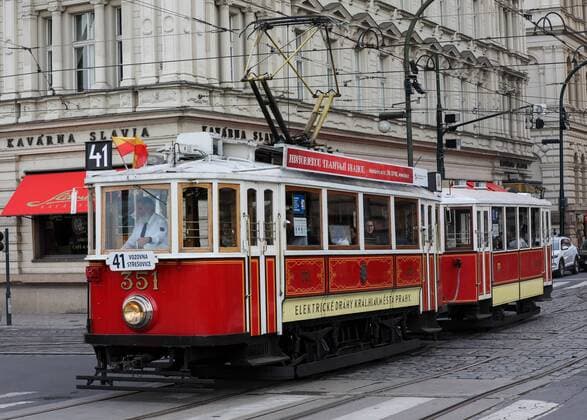 PRAGUE, CZECH REPUBLIC - SEPTEMBER 3, 2017: A retro tram goes along Narodni street in central Prague. Anton Novoderezhkin TASS  TS05F0B6