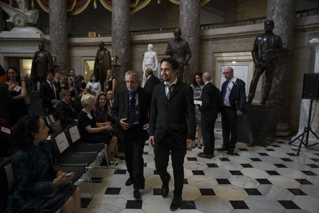 Sep 12, 2017 - Washington, District Of Columbia, U.S. - LIN-MANUEL MIRANDA (right) and his father LOUIS MIRANDA (left) arrive in Statuary Hall in the United States Capitol. Washington U.S.  - ZUMA 20170912_mda_e113_023 Copyright: xAlexxEdelmanx