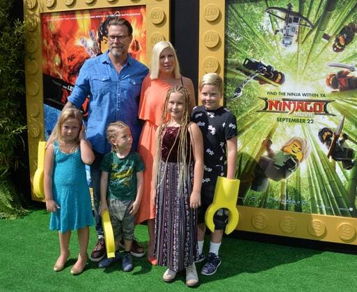 Actors Tori Spelling and Dean McDermott and their children attend the premiere of the animated comedy The Lego Ninjago Movie at the Regency Village Theatre in the Westwood section of Los Angeles on September 16, 2017. Storyline: Six young ninjas are tasked with defending their island home, called Ninjago. By night, they re gifted warriors, using their skills and awesome fleet of vehicles to fight villains and monsters. By day, they re ordinary teens struggling against their greatest enemy: high school.  LAP2017091630 JIMxRUYMEN