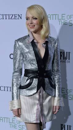 Cast member Emma Stone attends the premiere of the biographical sports comedy Battle of the Sexes at the Regency Village Theatre in the Westwood section of Los Angeles on September 16, 2017. Storyline: The true story of the 1973 tennis match between World number one Billie Jean King and ex-champ and serial hustler Bobby Riggs.  LAP2017091642 JIMxRUYMEN