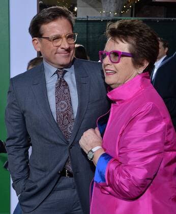Cast member Steve Carell and former tennis player Billie Jean King attend the premiere of the biographical sports comedy Battle of the Sexes at the Regency Village Theatre in the Westwood section of Los Angeles on September 16, 2017. Storyline: The true story of the 1973 tennis match between World number one Billie Jean King and ex-champ and serial hustler Bobby Riggs.  LAP201709157 JIMxRUYMEN