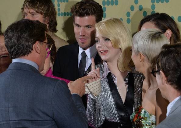 Cast member Emma Stone and Steve Carell mingle during the premiere of the biographical sports comedy Battle of the Sexes at the Regency Village Theatre in the Westwood section of Los Angeles on September 16, 2017. Storyline: The true story of the 1973 tennis match between World number one Billie Jean King and ex-champ and serial hustler Bobby Riggs.  LAP2017091654 JIMxRUYMEN