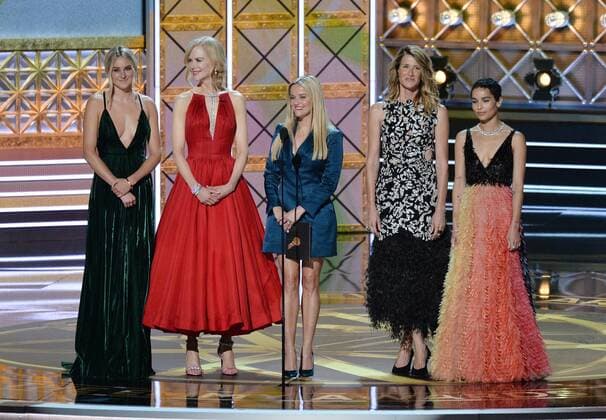 (L-R) Actors Shailene Woodley, Nicole Kidman, Reese Witherspoon, Laura Dern, and Zoe Kravitz onstage during the 69th annual Primetime Emmy Awards at Microsoft Theater in Los Angeles on September 17, 2017.  LAP201709170108 JIMxRUYMEN