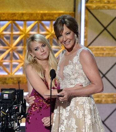 Actors Anna Faris (L) and Allison Janney onstage during the 69th annual Primetime Emmy Awards at Microsoft Theater in Los Angeles on September 17, 2017.  LAP201709170130 JIMxRUYMEN