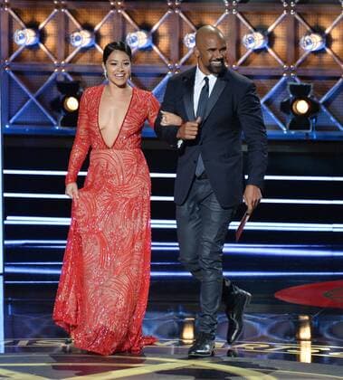 Actors Gina Rodriguez and Shemar Moore onstage during the 69th annual Primetime Emmy Awards at Microsoft Theater in Los Angeles on September 17, 2017.  LAP201709170128 JIMxRUYMEN