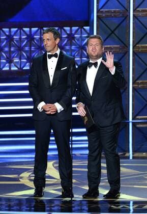 TV personalities Seth Meyers (L) and James Corden onstage during the 69th annual Primetime Emmy Awards at Microsoft Theater in Los Angeles on September 17, 2017.  LAP201709170175 JIMxRUYMEN