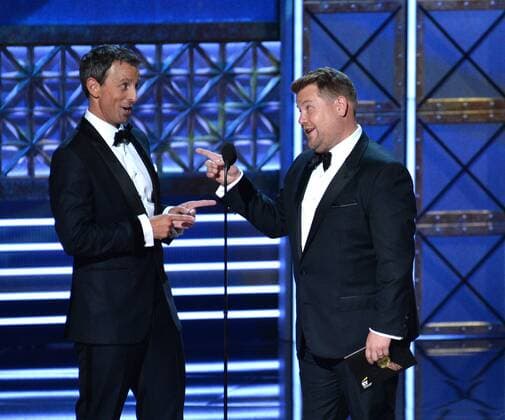 TV personalities Seth Meyers (L) and James Corden onstage during the 69th annual Primetime Emmy Awards at Microsoft Theater in Los Angeles on September 17, 2017.  LAP201709170177 JIMxRUYMEN
