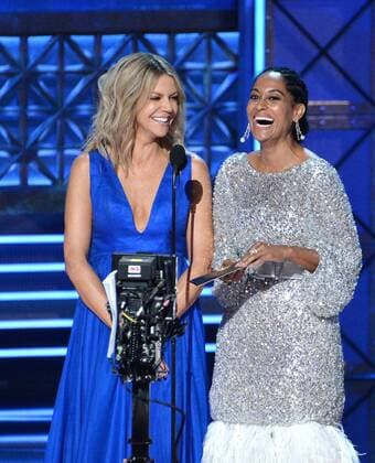 Actors Kaitlin Olson and Tracee Ellis Ross onstage during the 69th annual Primetime Emmy Awards at Microsoft Theater in Los Angeles on September 17, 2017.  LAP201709170211 JIMxRUYMEN